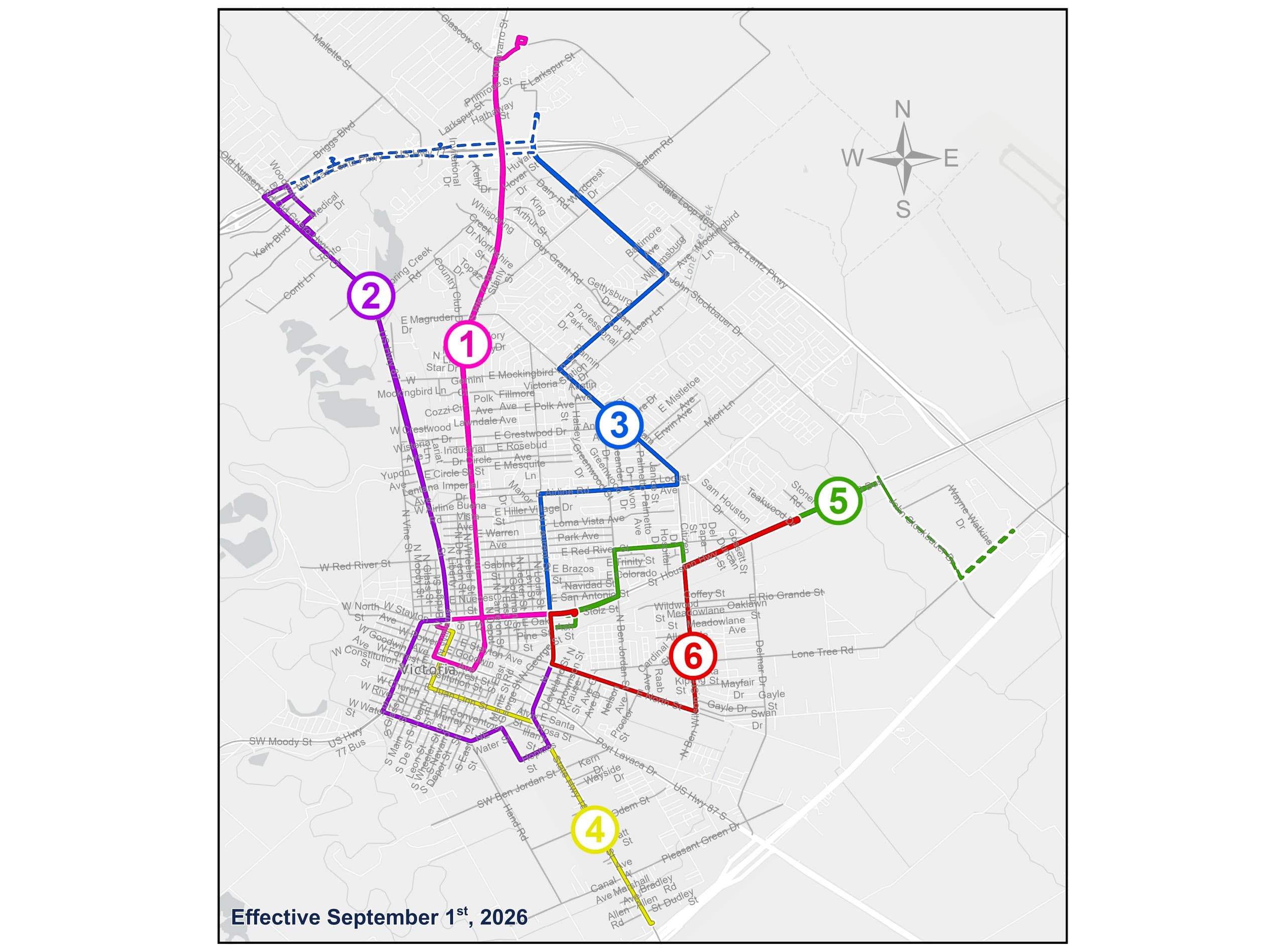 System map of Victoria Transit's six fixed bus routes - 1 Pink, 2 Purple, 3 Blue, 4 Gold, 5 Green and 6 Red - across the city of Victoria, effective September 1, 2026.